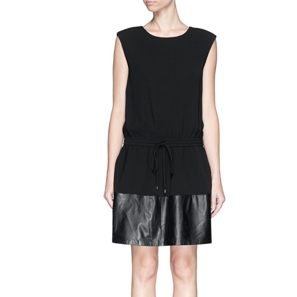 VINCE Leather Panel Hem Crepe Drawstring Dress